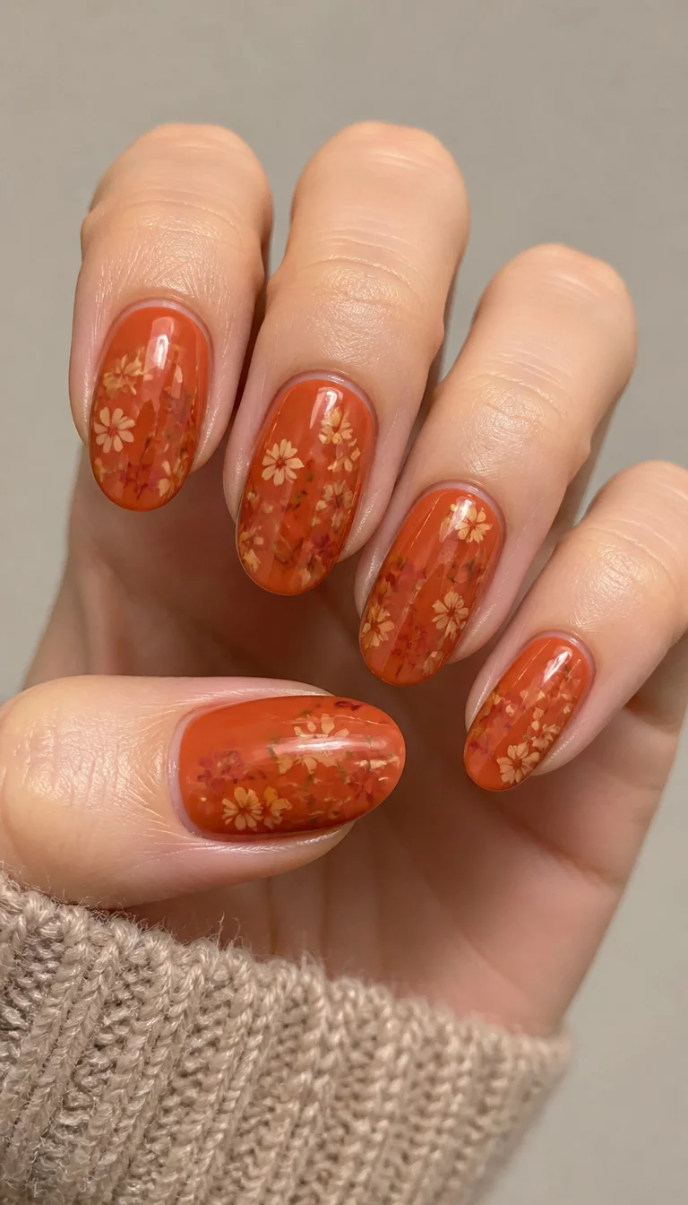 close-up shot of a woman’s hand with five fingers showing medium-length, oval nails in a rust-orange shade, with transparent designs of small, scattered flowers in autumnal colors, neutral background.