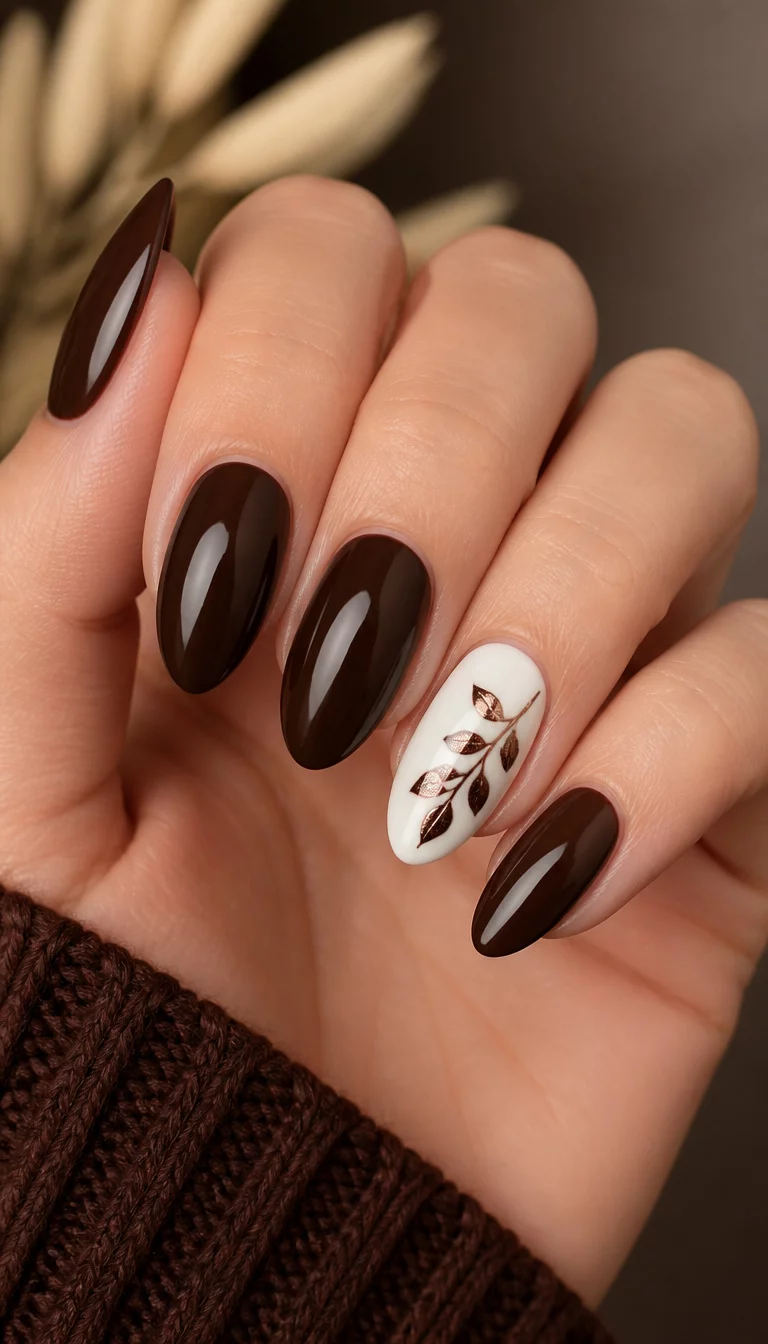close-up shot of a woman’s hand with five fingers showing almond-shaped dark brown nails with one accent nail featuring a white base and a metallic brown leaf design.