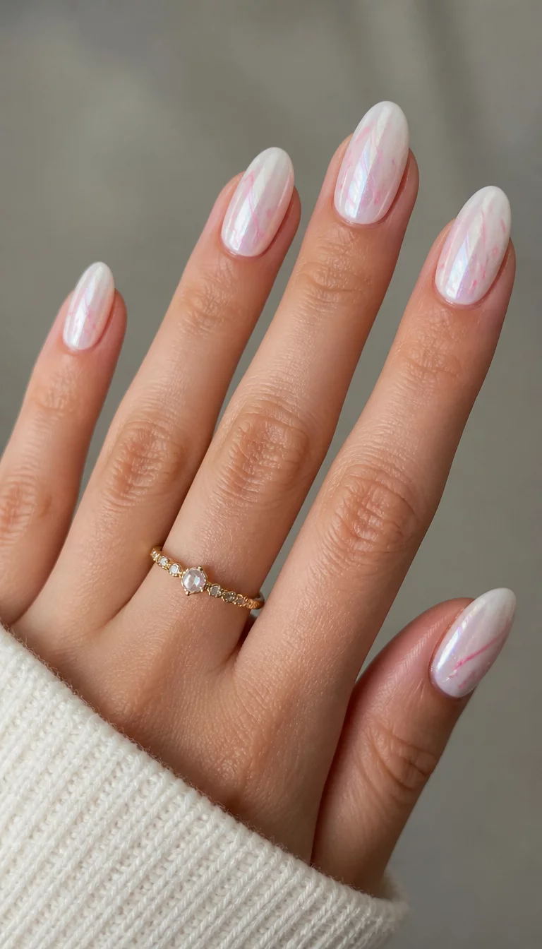 close-up shot of a woman’s hand with five fingers where one hand displays pearly white nails with subtle pink design