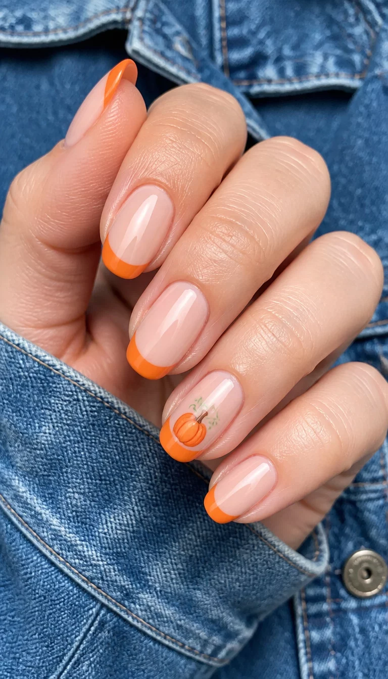 close-up shot of a woman’s hand with five fingers showing oval-shaped nails with a natural skin-toned base, orange French tips, and a small pumpkin design, with a blue denim jacket in the background.