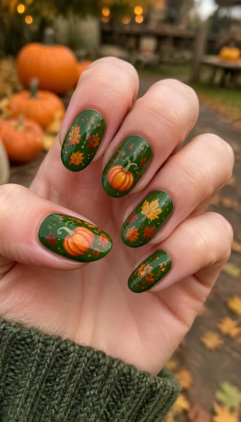 close-up shot of a woman’s hand with five fingers showing oval nails painted green, depicting pumpkins and falling leaves, blurred outdoor scene with pumpkins background.