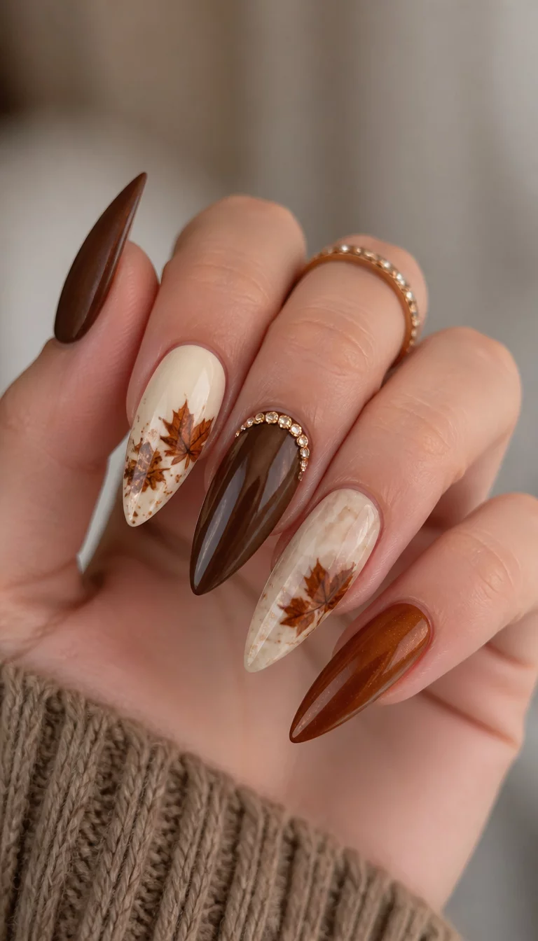close-up shot of a woman’s hand with five fingers showing stiletto-shaped nails in brown and cream, featuring fallen leaf decals and a delicate ring of rhinestones on the nail, blurred neutral background.