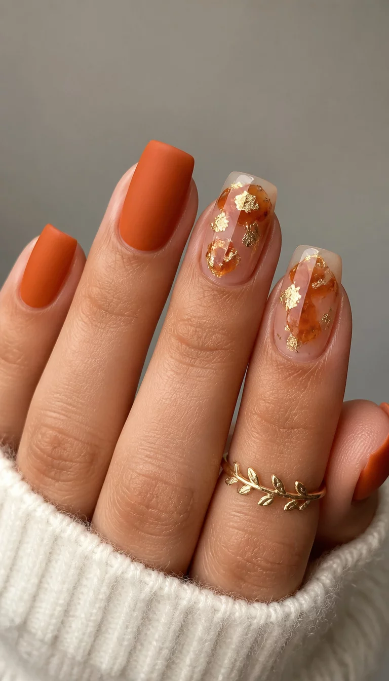 close-up shot of a woman’s hand with five fingers showing matte, burnt orange square nails with transparent accent nails featuring golden leaf overlays and amber-colored accents, neutral background.