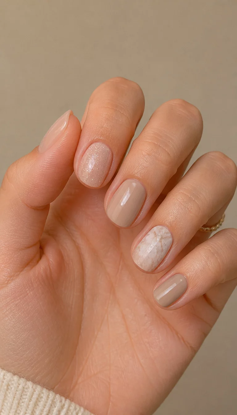close-up shot of a woman’s hand with five fingers showing short, neutral-toned nails with subtle sparkle, a marble design, and solid beige, neutral background.