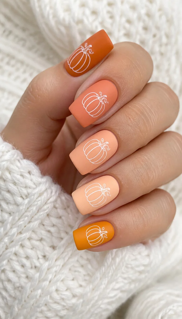 close-up shot of a woman’s hand with five fingers showing square-shaped, matte nails in shades of orange and peach, adorned with white pumpkin outlines, a white textured sweater background.