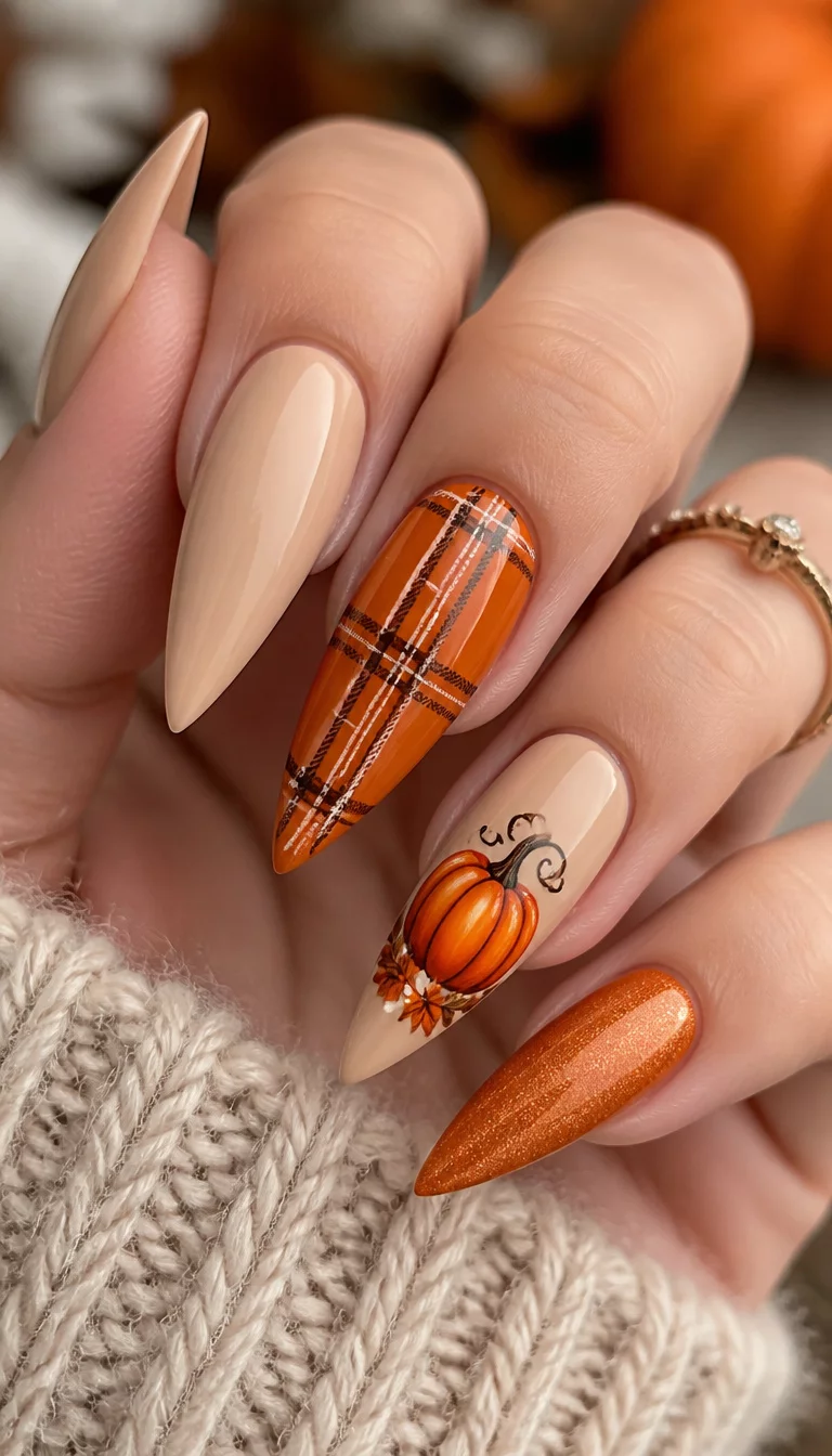 close-up shot of a woman’s hand with five fingers showing long stiletto-shaped nails in shades of beige, orange, and plaid with fall-themed designs including a pumpkin.