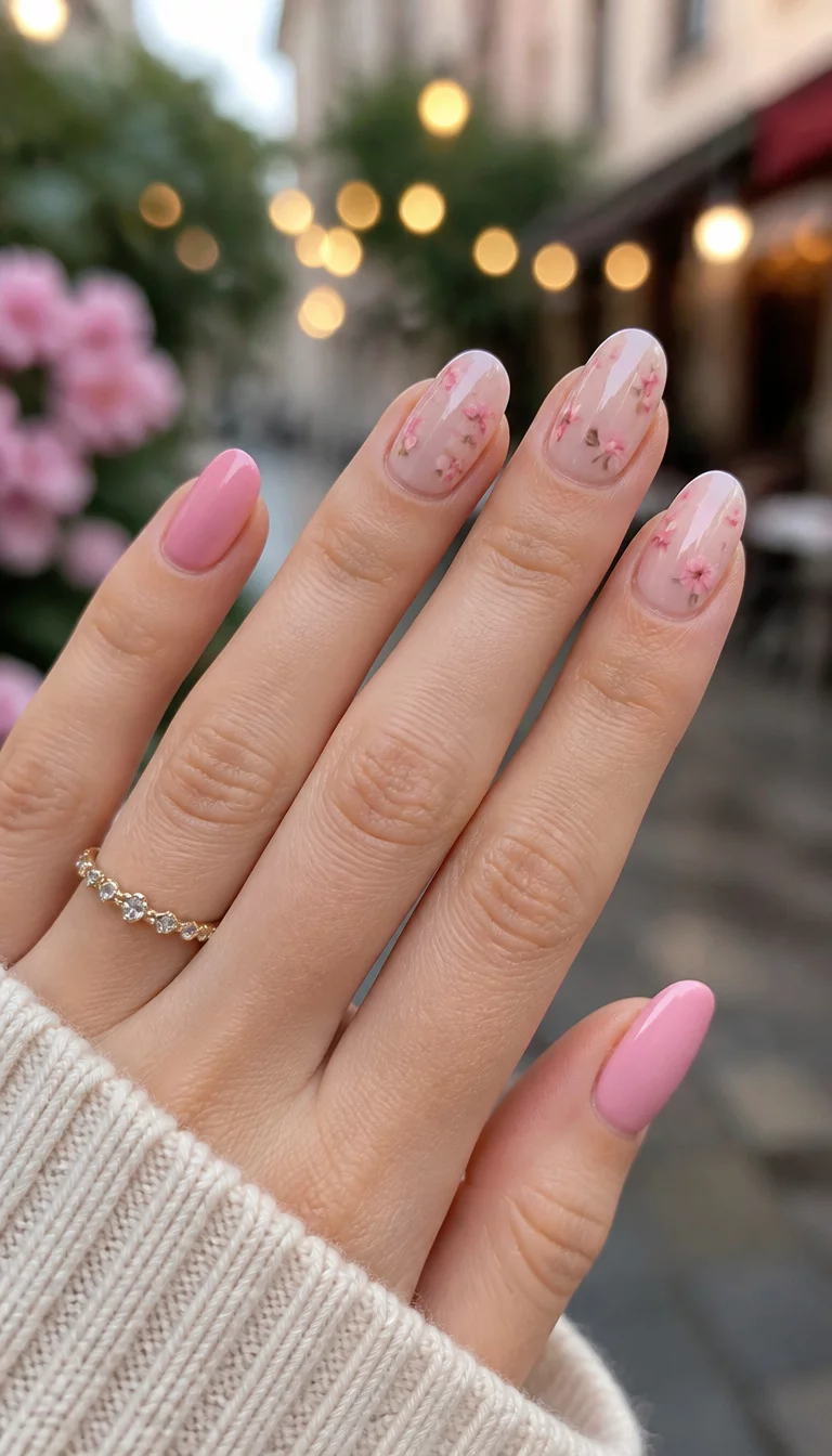 close-up shot of a woman’s hand with five fingers showing oval nails in a soft pink and a sheer base with tiny pink floral designs, blurred outdoor scene with bokeh lights background.