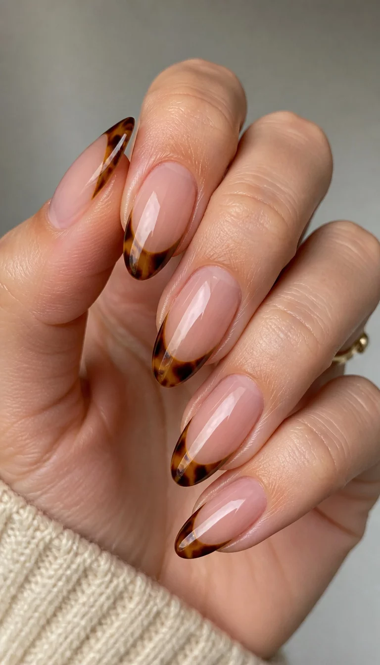 close-up shot of a woman’s hand with five fingers showing long almond-shaped nails with a natural base and a glossy brown tortoiseshell-like French tip design.