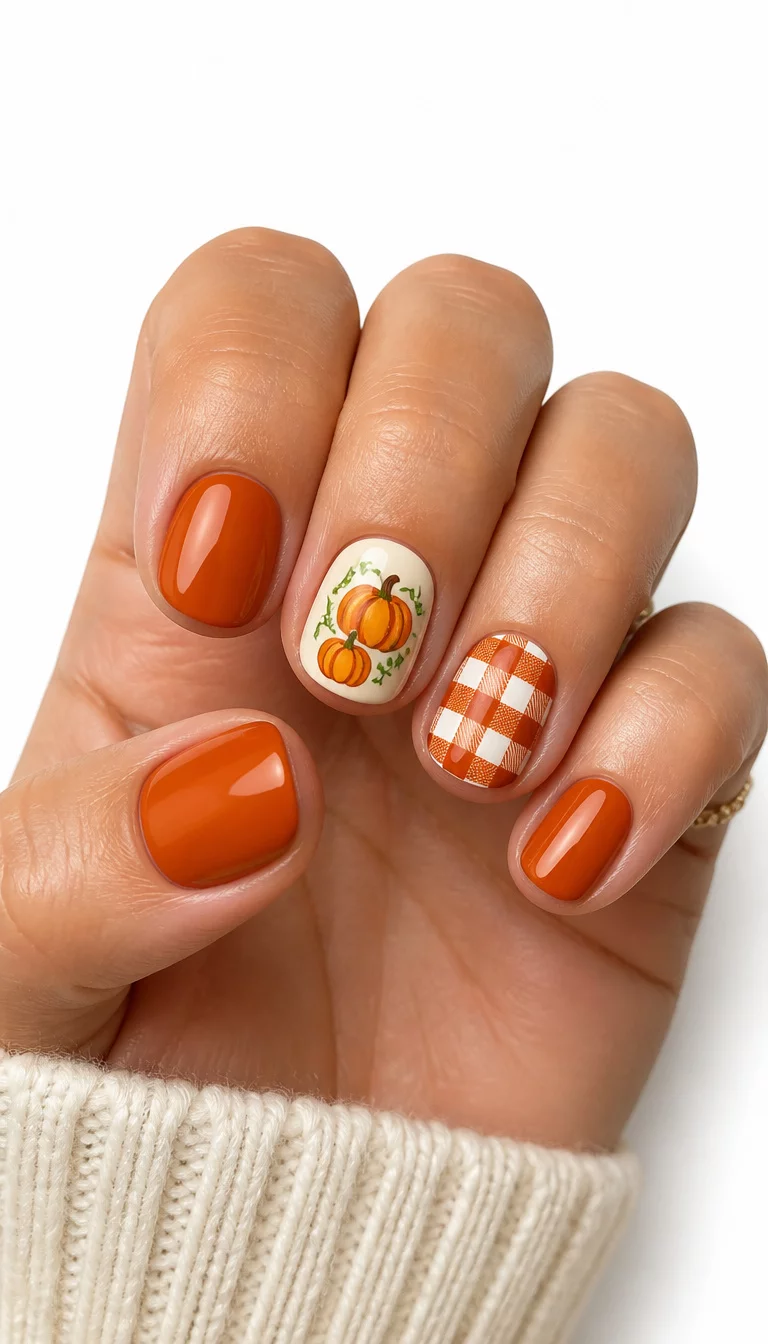 close-up shot of a woman’s hand with five fingers showing short, rounded nails in a deep orange hue, with accent nails featuring pumpkin designs and a checkered pattern, white background.