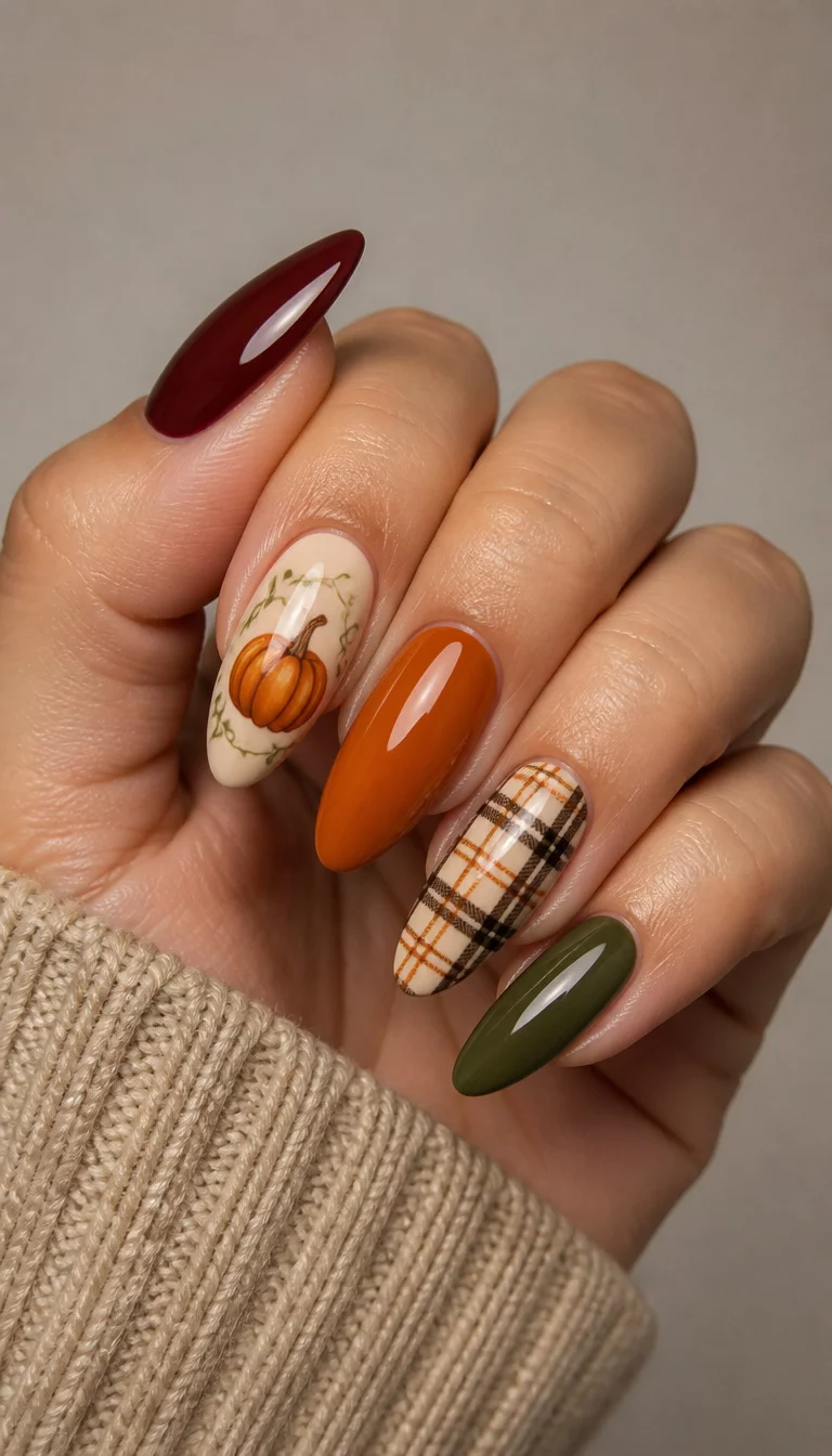 close-up shot of a woman’s hand with five fingers showing long, almond-shaped nails in various fall colors, featuring pumpkin designs and a plaid pattern, neutral background.