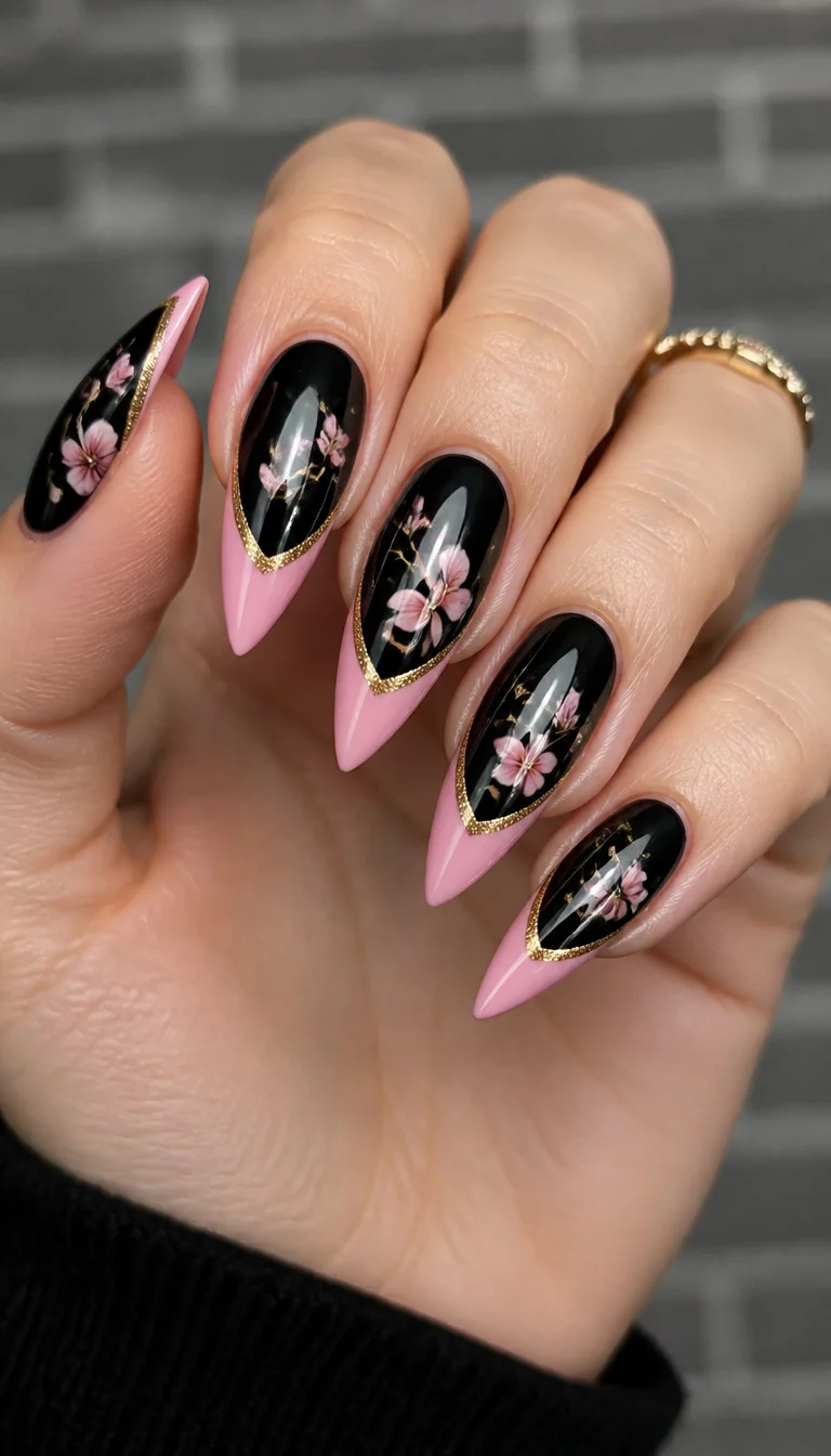 close-up shot of a woman’s hand with five fingers showing stiletto-shaped nails predominantly black with a pink French tip and a delicate floral pattern and gold accent line, a blurred gray brick pattern.