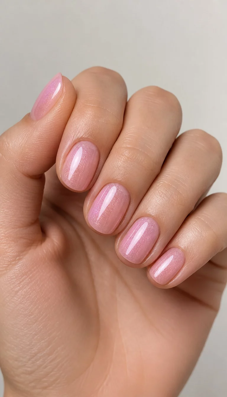 close-up shot of a woman’s hand with five fingers showing oval-shaped and short nails with a sheer, shimmery pink polish, a plain diffused light background.