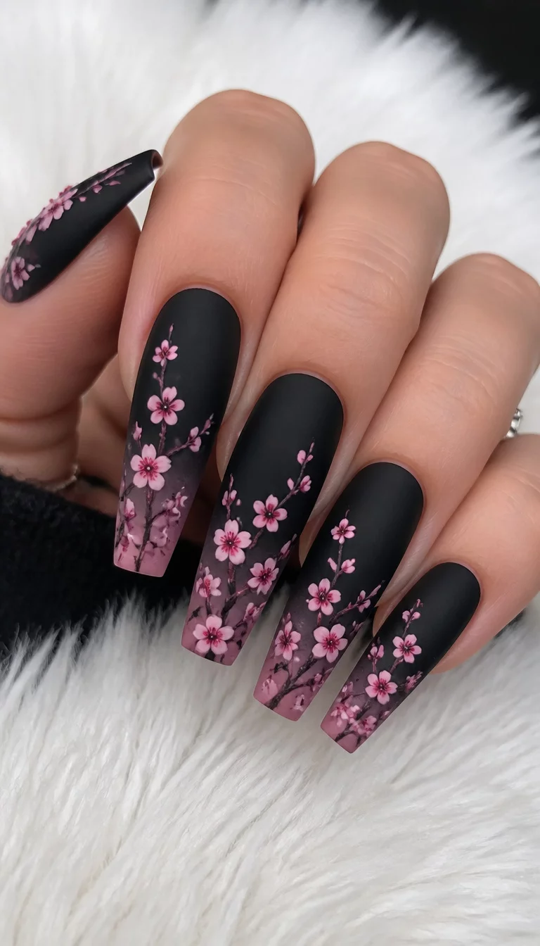 close-up shot of a woman’s hand with five fingers showing long, coffin-shaped nails with a matte black polish and a gradient design with pink cherry blossoms and branches, a soft, white fuzzy surface.
