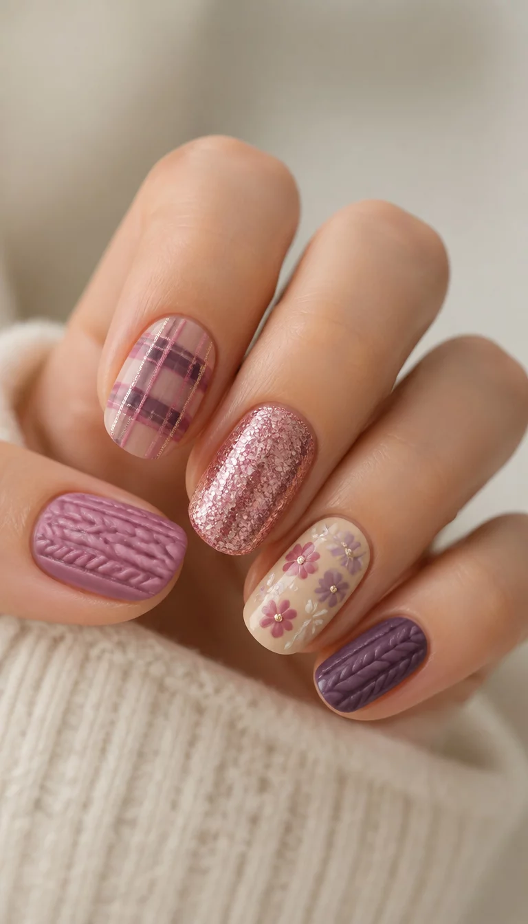 close-up shot of a woman’s hand with five fingers showing various nail designs including knit patterns, plaid, glitter, and floral shapes in pink, purple, and beige tones, a neutral soft background.