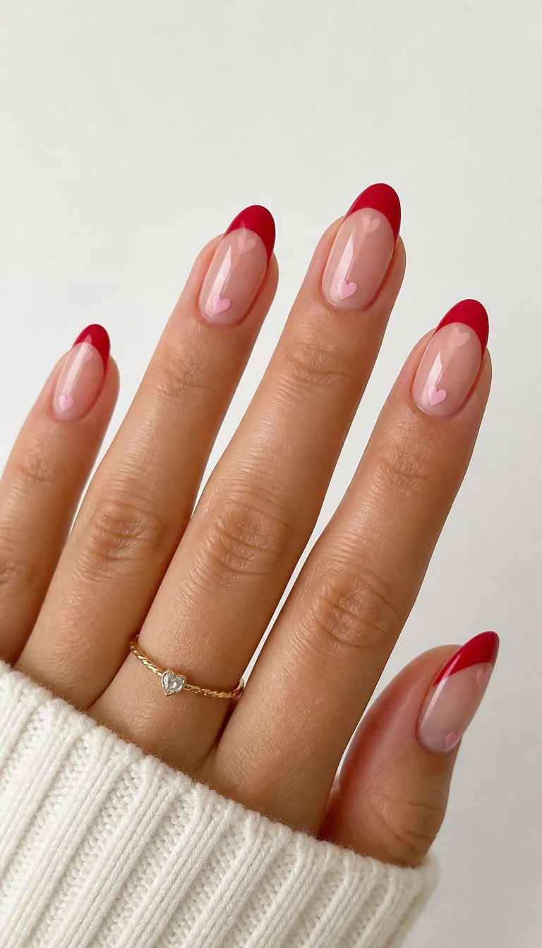 close-up shot of a woman’s hand with five fingers showing almond-shaped nails with a red French tip and small pink heart accents, a clean light background.