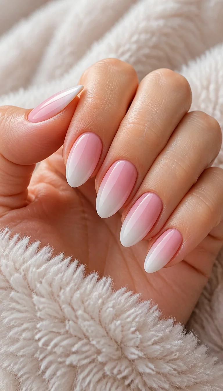 close-up shot of a woman’s hand with five fingers showing almond-shaped nails with a pink to white ombre effect, soft, fuzzy fabric in the background.