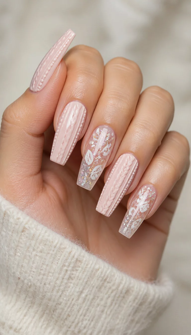 close-up shot of a woman’s hand with five fingers showing long, coffin-shaped nails with pale pink, white cable-knit patterns, and clear nails with leaf glitter, a soft neutral background.