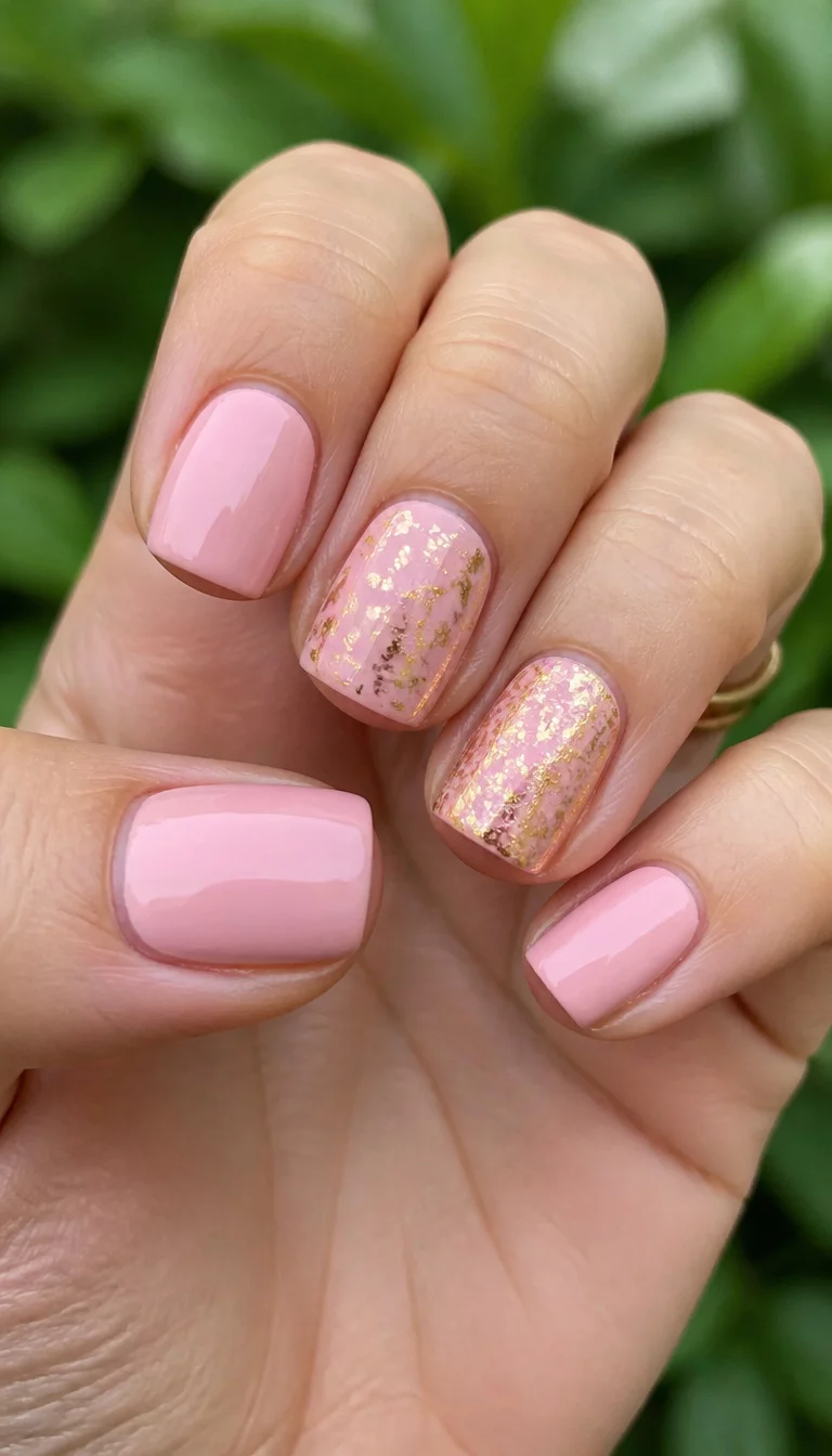 close-up shot of a woman’s hand with five fingers showing short square-shaped nails with solid soft pink and mixed pink and gold foil designs, a blurred green outdoor background.