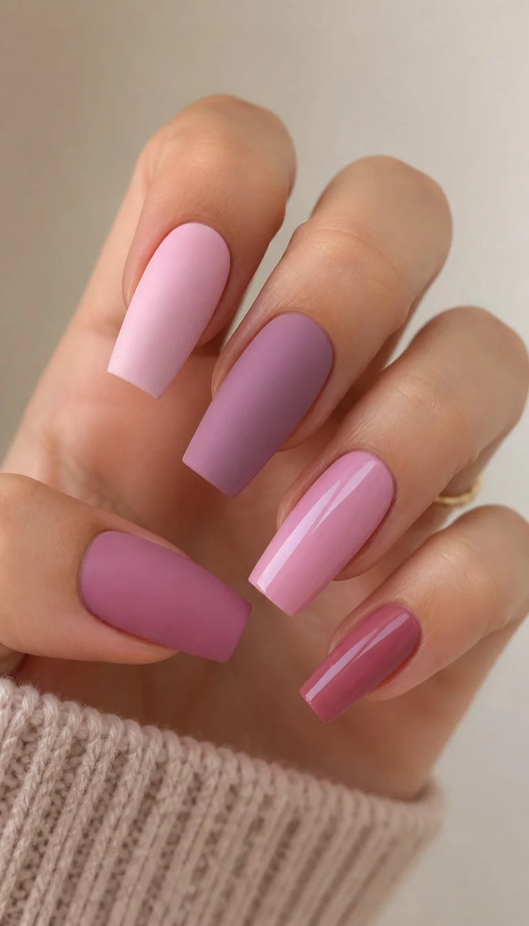 close-up shot of a woman’s hand with five fingers showing long, square-shaped nails in various shades of pink and mauve with matte and polished finishes, a neutral soft background.