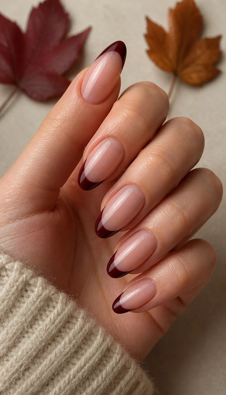 close-up shot of a woman’s hand with five fingers showing long, almond-shaped nails with a sheer pinkish-beige base and a deep burgundy French tip, two loose autumn leaves in the background.