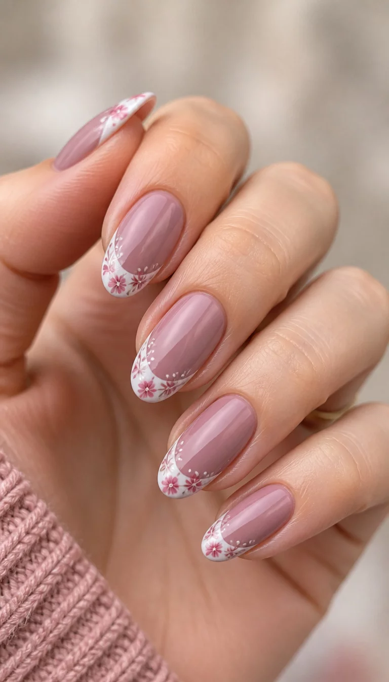 close-up shot of a woman’s hand with five fingers showing oval-shaped, medium-length nails with mauve-pink polish and a French tip design with floral accents in white and pinkish-red, a soft diffused background.