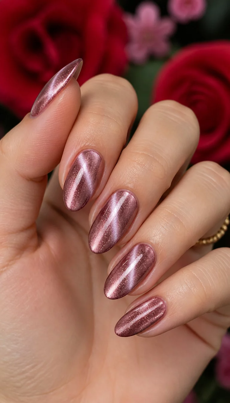 close-up shot of a woman’s hand with five fingers showing almond-shaped nails with a metallic, mauve-pink polish and a cat-eye shimmer, blurred red and pink flowers in the background.