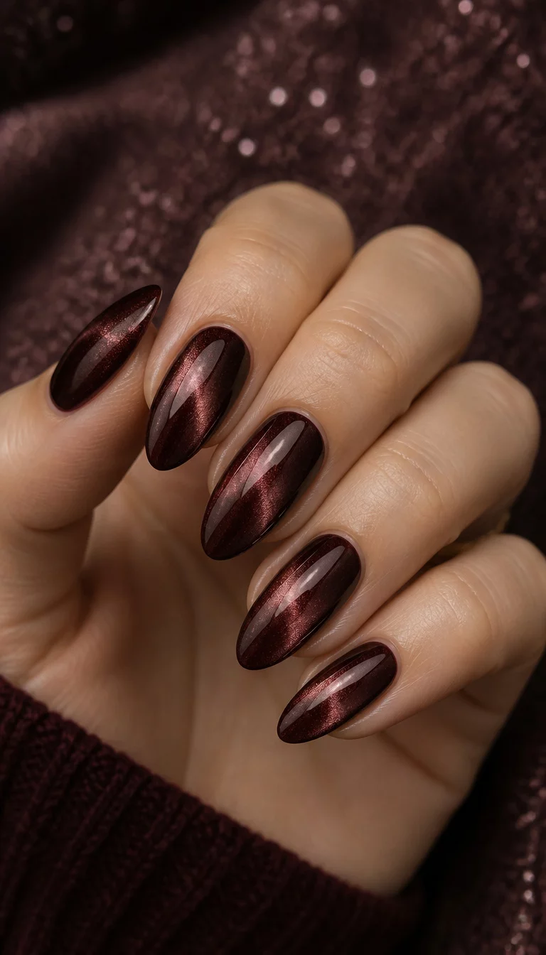 close-up shot of a woman’s hand with five fingers showing almond-shaped nails with a dark metallic burgundy polish and a cat eye effect, a shimmering dimensional background.