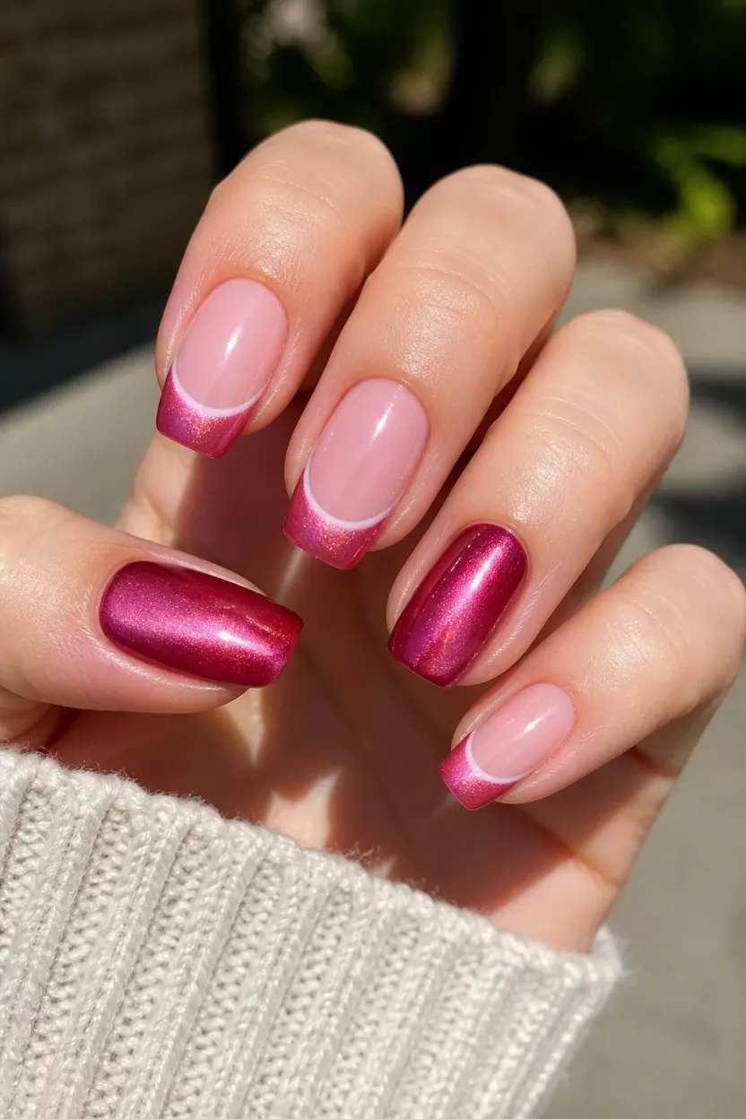 close-up shot of a woman’s hand with five fingers showing nails with pink and white cat eye French tips and glossy rich magenta nails with a metallic sheen, outdoors.