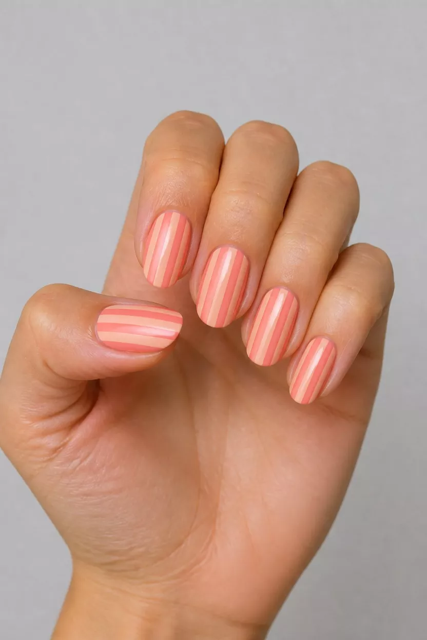 close-up shot of a woman’s hand with five fingers showing nails with medium oval shaped nails with alternating vertical stripes of salmon pink and pale coral, plain background.