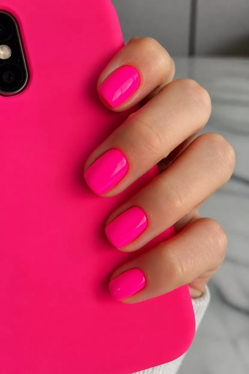 close-up shot of a woman’s hand with five fingers showing nails with short squoval nails painted a solid vibrant neon hot pink with a glossy finish, holding a matching neon pink phone case.