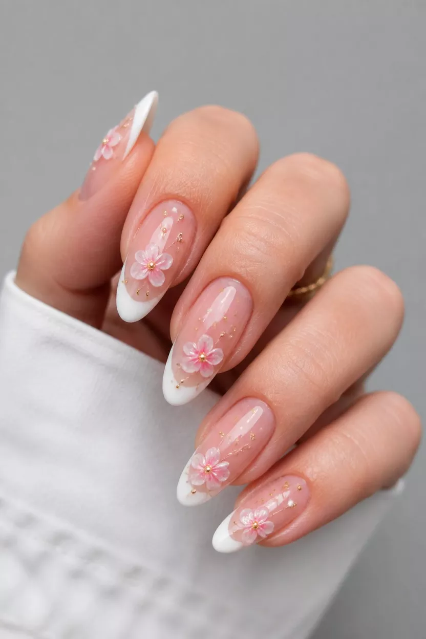 close-up shot of a woman’s hand with five fingers showing nails with long almond-shaped nails with a clear base and white French tips featuring 3D pink floral accents and gold beads, neutral background.