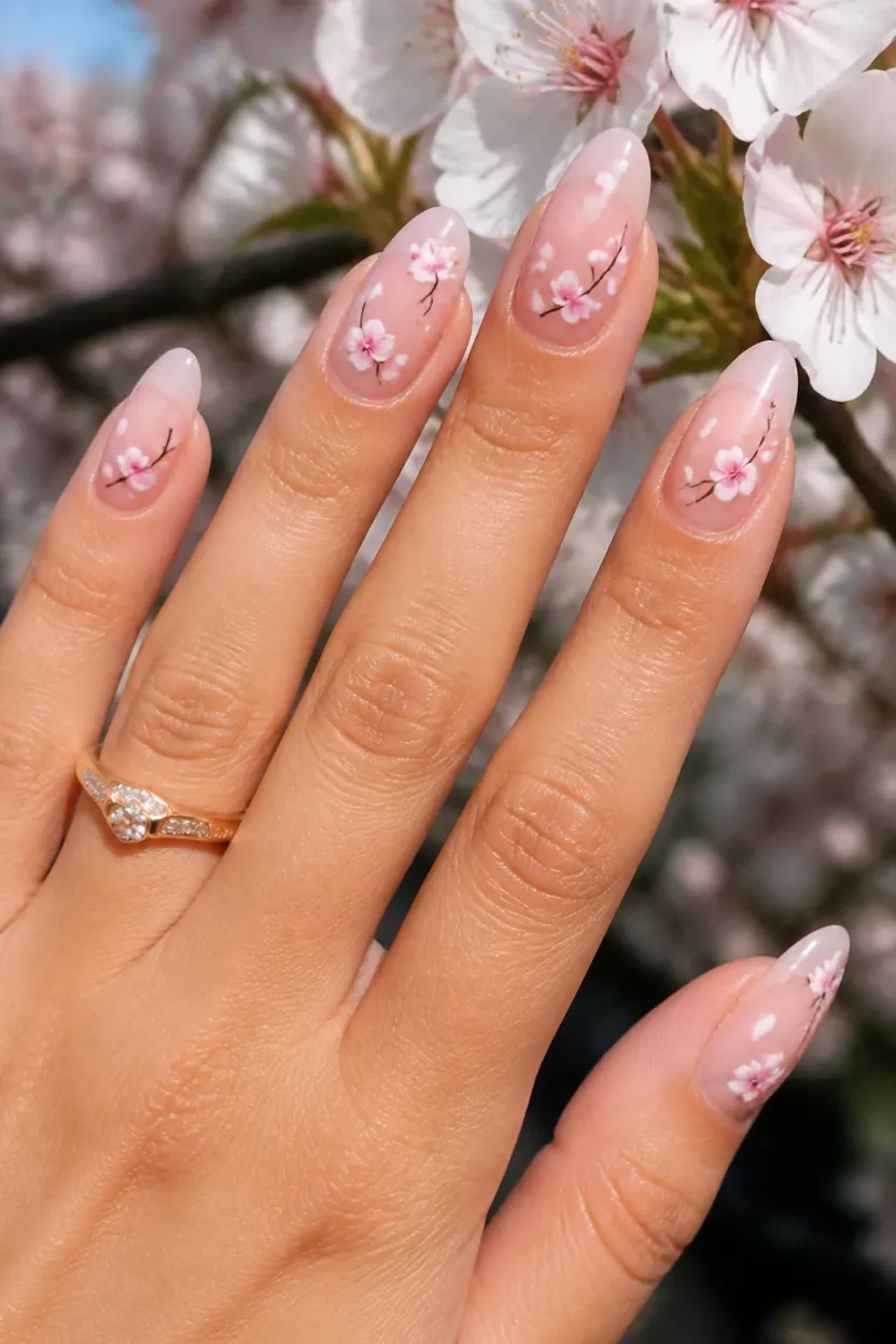 close-up shot of a woman’s hand with five fingers showing nails with almond-shaped nails with a sheer nude base and hand-painted white and pink cherry blossoms, outdoor blooming tree background.