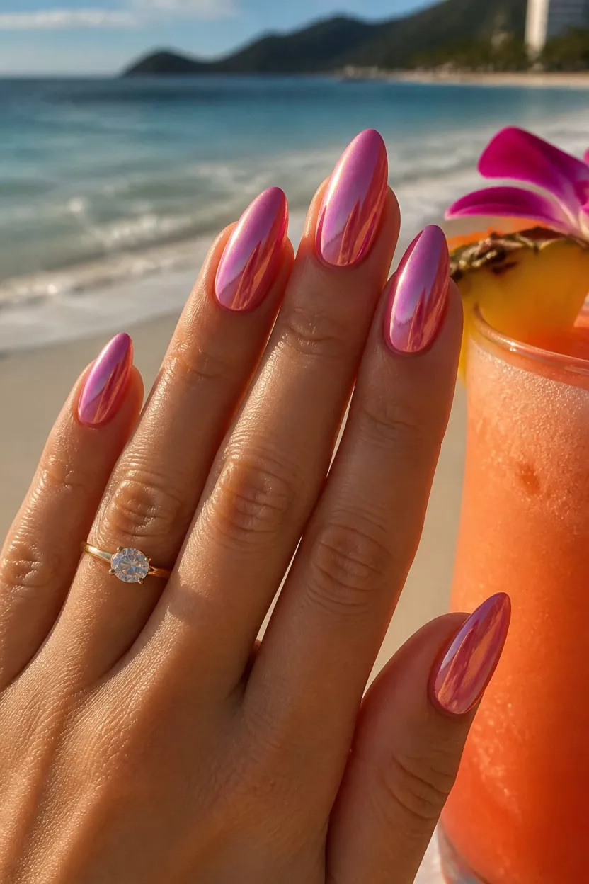close-up shot of a woman’s hand with five fingers showing nails with almond-shaped nails featuring a metallic iridescent pink chrome finish, beach background with a tropical drink.