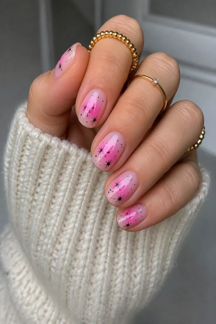 close-up shot of a woman’s hand with five fingers showing nails with short oval nails featuring a pink airbrushed ombre base fading to the tip with small black stars and dots, wearing cozy knitwear and rings.