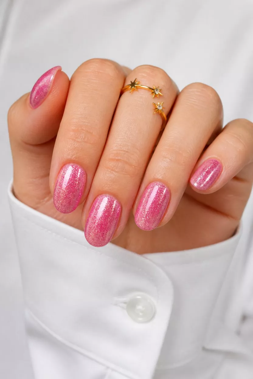 close-up shot of a woman’s hand with five fingers showing nails with medium length oval nails covered in vibrant sparkling shimmery pink polish with a gold star ring, white cuff background.