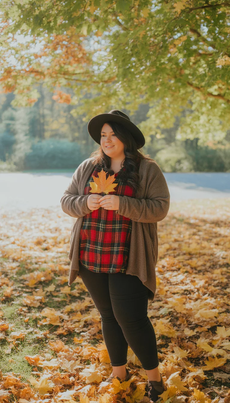 Plaid Prints and Brown Cardigans A beautiful 27-year-old plus size woman in a black hat, a red and black plaid print top, a brown cardigan, and dark skinny jeans, holding a colorful leaf in an autumn park.