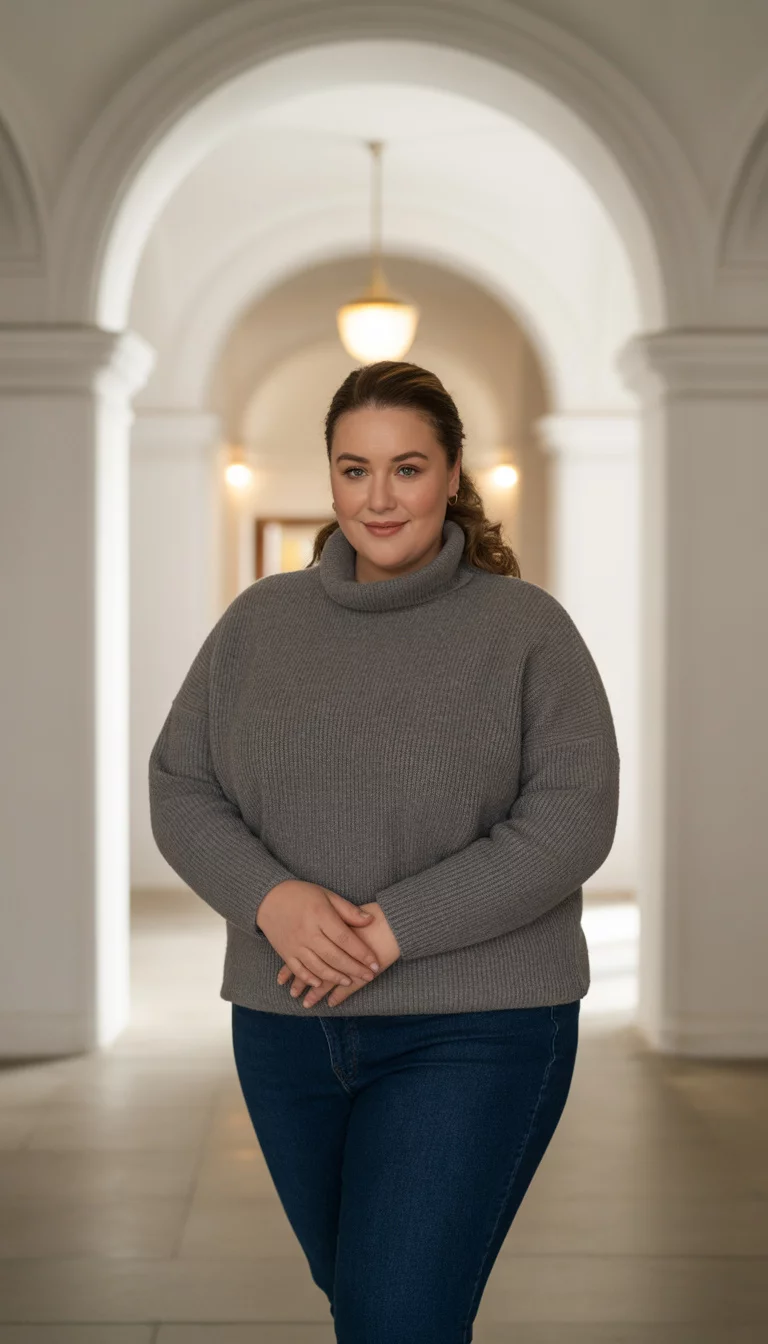 Grey Turtleneck Simplicity A beautiful 35-year-old plus size woman in a thick grey turtleneck sweater and dark blue skinny jeans, standing in a brightly lit white hallway with elegant architectural arches.