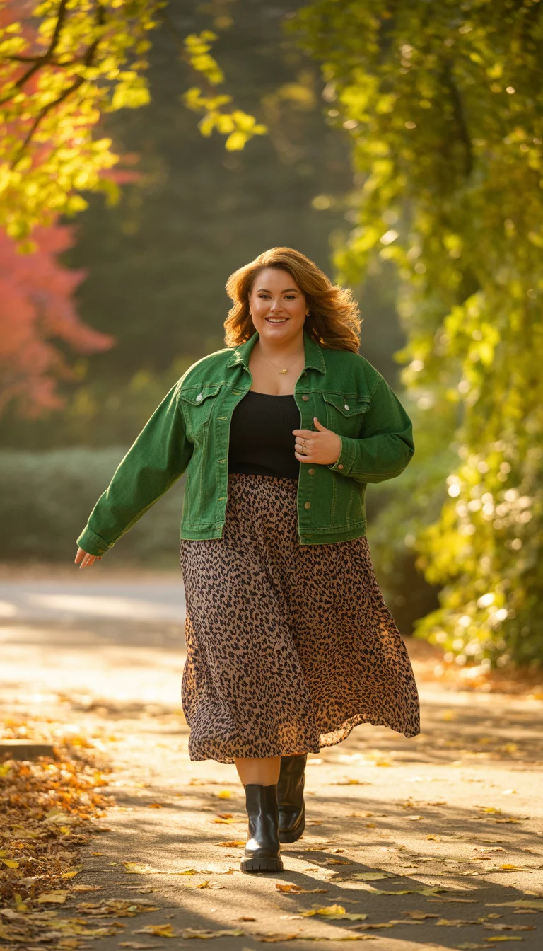 Leopard Print and Green Denim A beautiful 28-year-old plus size woman in a green denim jacket over a black top, wearing a flowy leopard print midi skirt and chunky black boots, walking through a park with falling leaves.