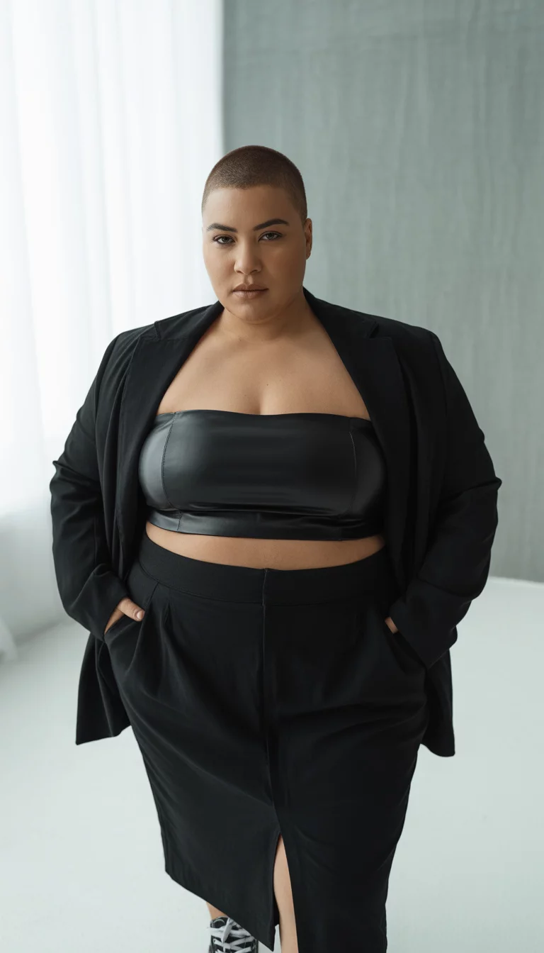 Edgy Leather Bandeaus and Blazers A beautiful 29-year-old plus size woman with a buzz cut, wearing a black leather bandeau top over a black blazer, a black skirt, and black and white stylish sneakers, posing in a modern indoor space.