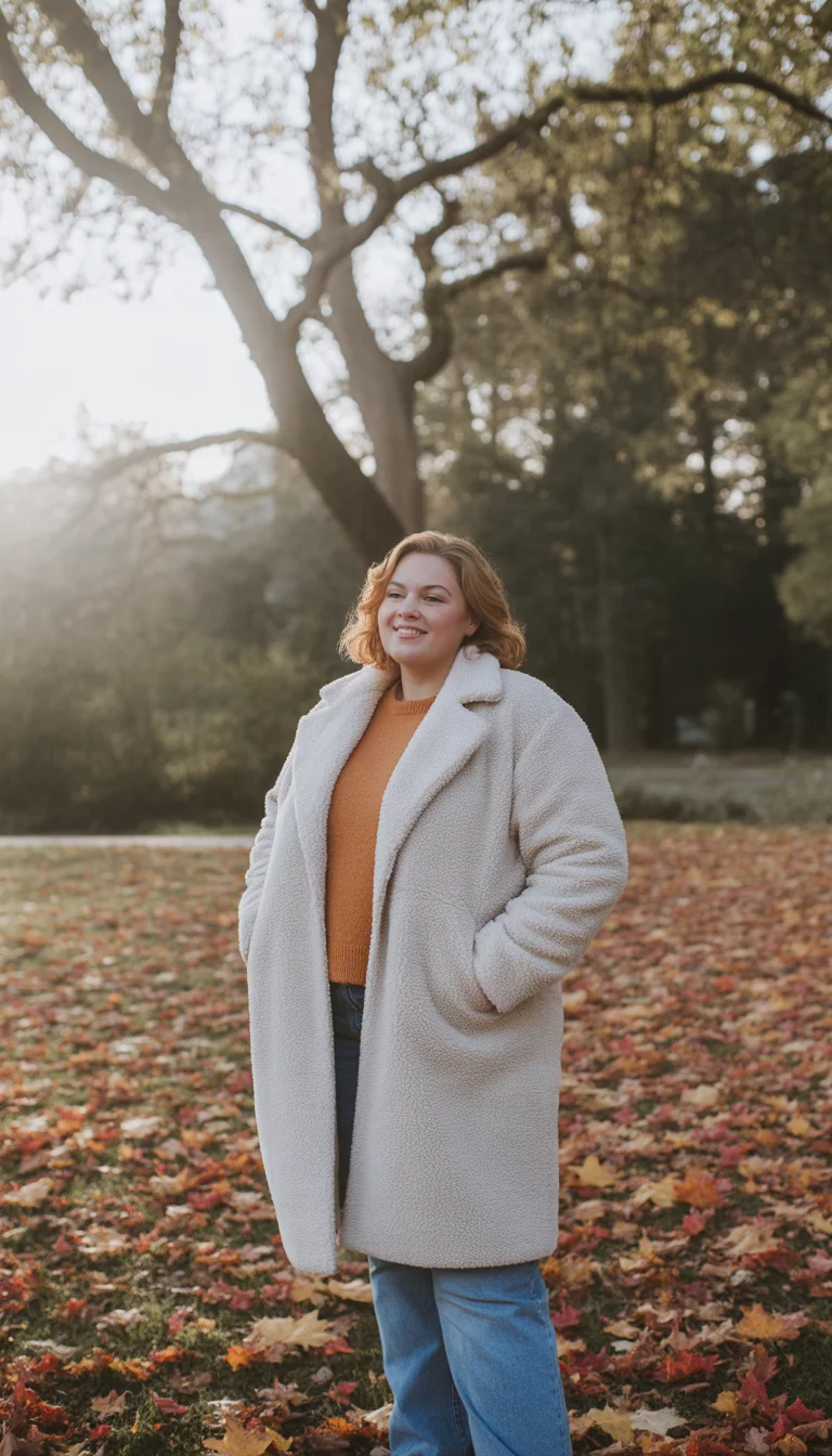 Teddy Bear Coats and Orange Knits A beautiful 27-year-old plus size woman in a cream-colored teddy bear coat, an orange sweater, and blue jeans, standing outside in a park with scattered autumn leaves on the ground.