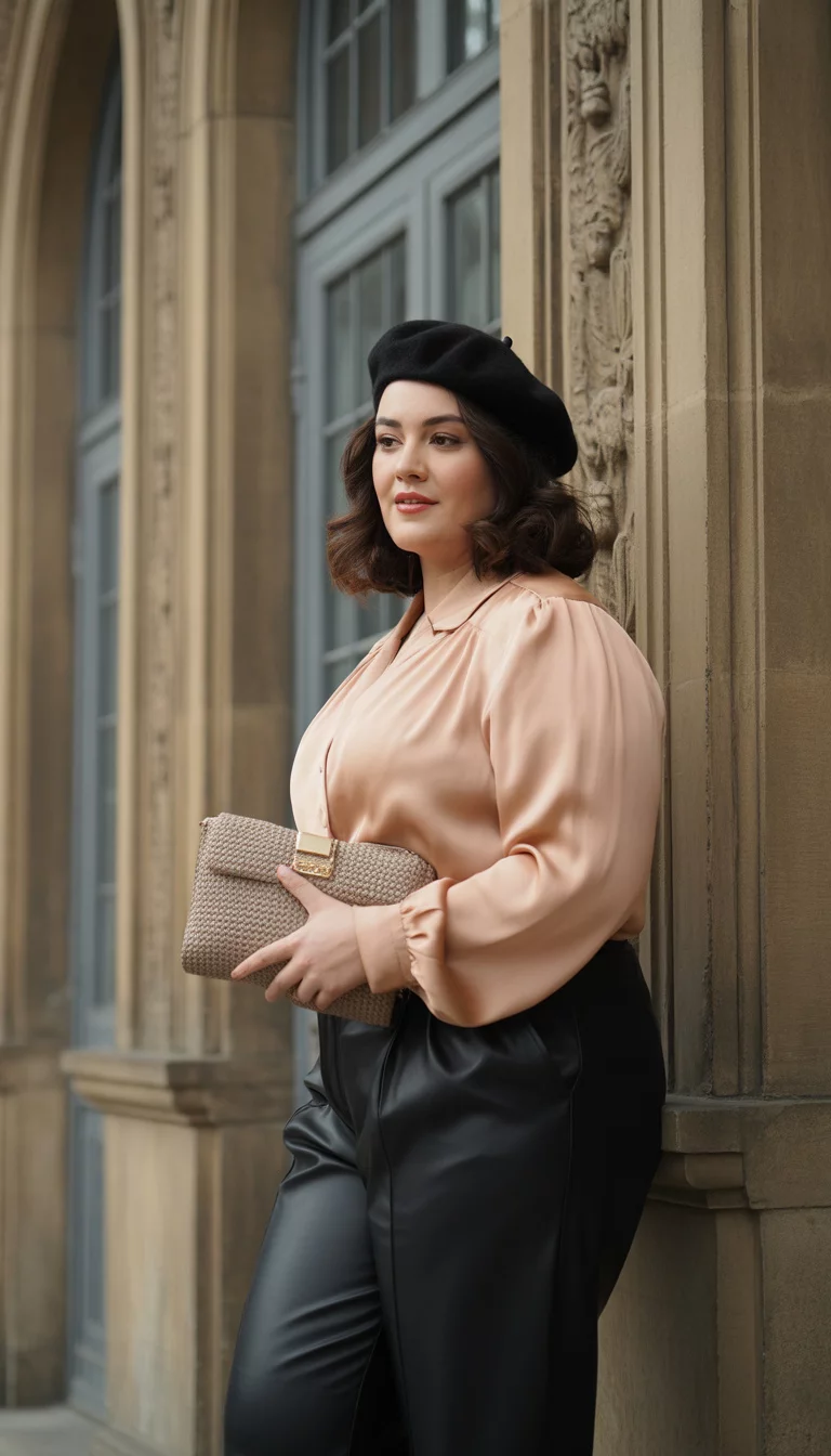 Peach and Leather Contrast A beautiful 30-year-old plus size woman in a peach long-sleeved blouse, black leather pants, a black beret, and carrying a beige quilted purse, standing against the backdrop of a grand stone building.