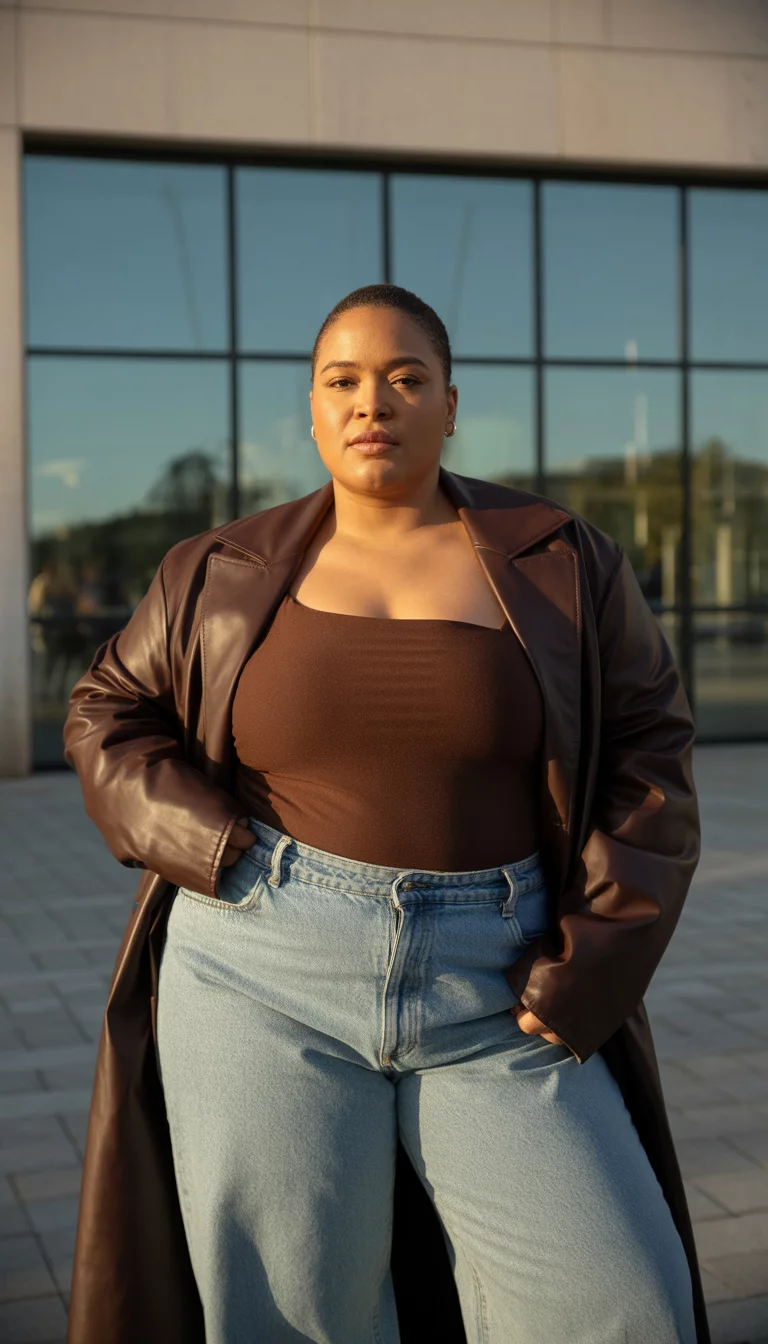 Confidence in Wide Leg Denim A beautiful 29-year-old plus size woman in a brown leather jacket, a brown tube top, and light-wash wide-leg jeans, posing confidently outdoors near a modern stone building with large glass windows.