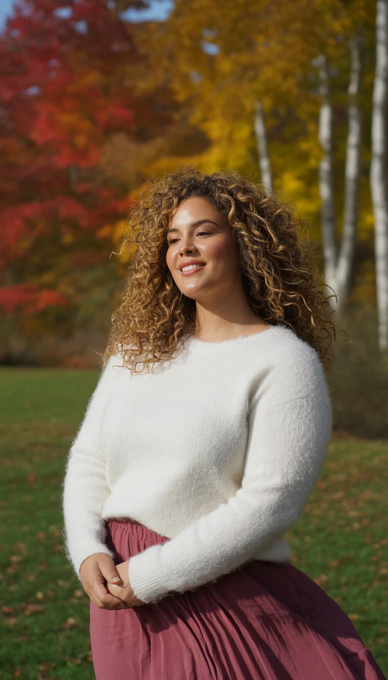 Fuzzy Sweaters and Maroon Skirts A beautiful 32-year-old plus size woman with curly blond hair in a fuzzy white sweater and a maroon skirt, standing outdoors with vibrant autumn foliage in the background.