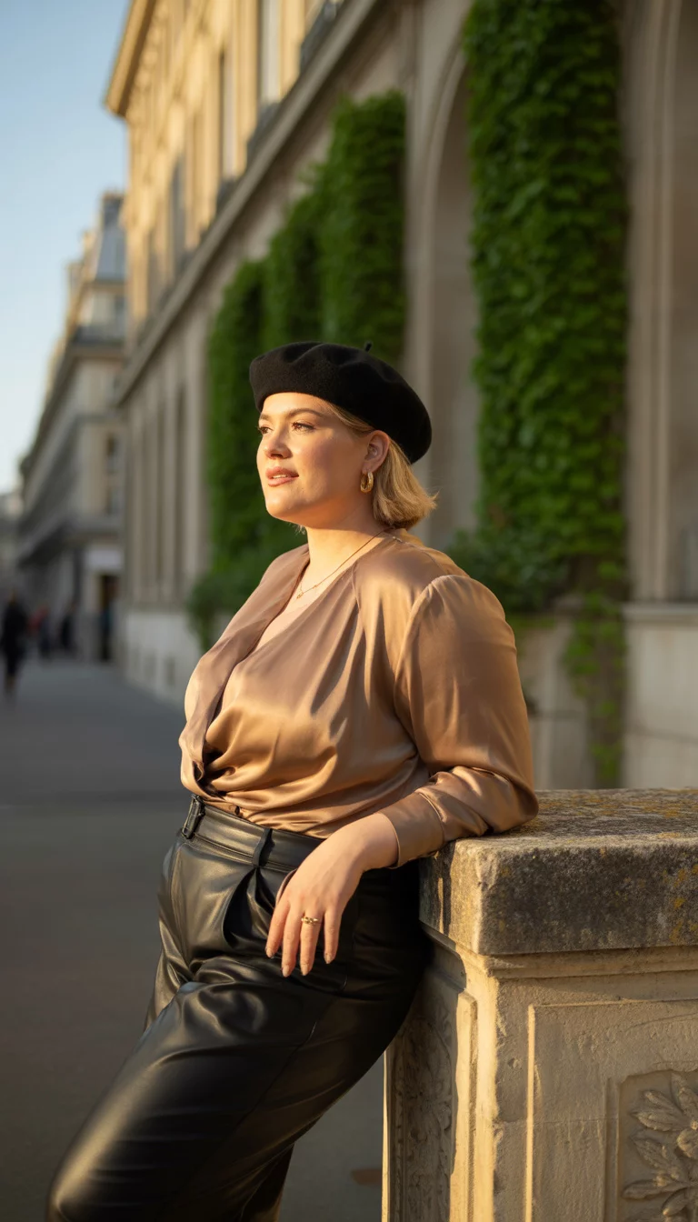 Tan Blouses and Berets A beautiful 26-year-old plus size woman in a tan silky blouse, black leather pants, and a black beret, leaning against a stone pillar outside a classic old building.