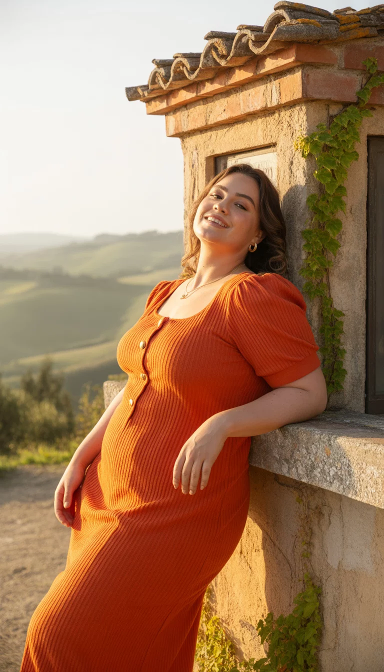 Autumnal Orange Puff Sleeves A beautiful 25-year-old plus size woman in an orange ribbed knit dress with puff sleeves and gold button details, leaning against a rustic wooden structure with a traditional tiled roof on a sunny morning.