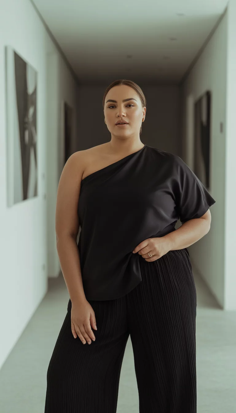 Modern Asymmetrical Silhouettes A beautiful 30-year-old plus size woman in a chic black asymmetrical top and black wide-leg pants, posing in a modern white hallway decorated with minimalist abstract artwork.