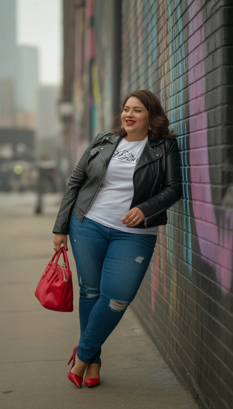 Edgy Leather and Red Heels A beautiful 31-year-old plus size woman in a black leather jacket, a white graphic t-shirt, distressed blue jeans, and bright red heels, while carrying a matching red handbag.