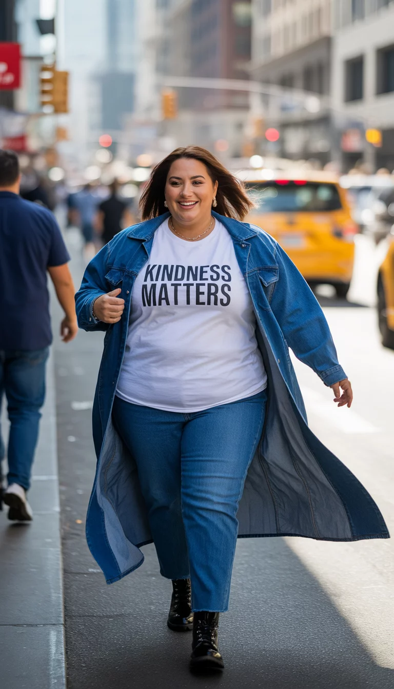 Denim Dusters and Graphic Tees A beautiful 39-year-old plus size woman in a long blue denim duster, a white t-shirt with black text, matching blue jeans, and black boots, walking down a busy downtown city street.