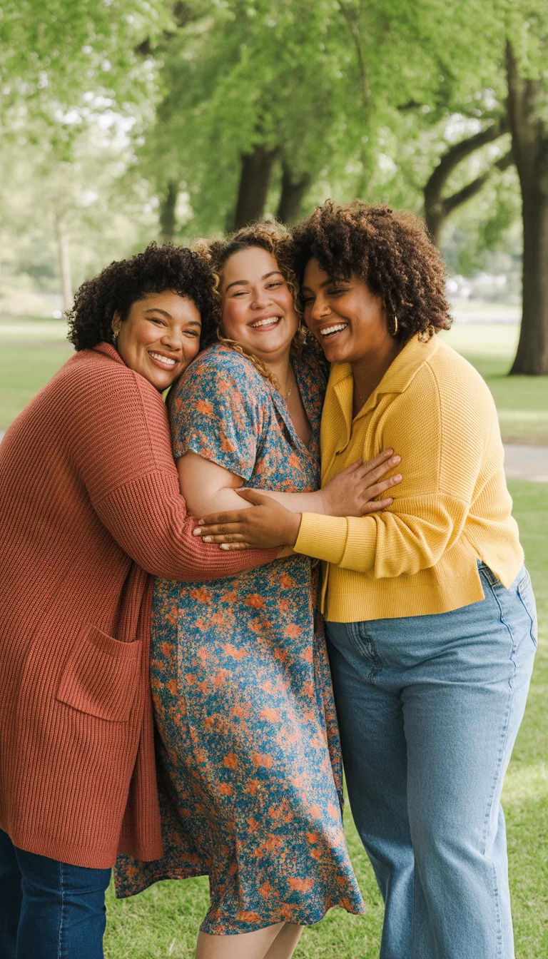 Knitwear and Floral Trio Three beautiful plus size women in their 30s: one in a rust-colored knit cardigan set, one in a floral midi dress, and one in a yellow button-up knit top with blue jeans, posing together in a park.