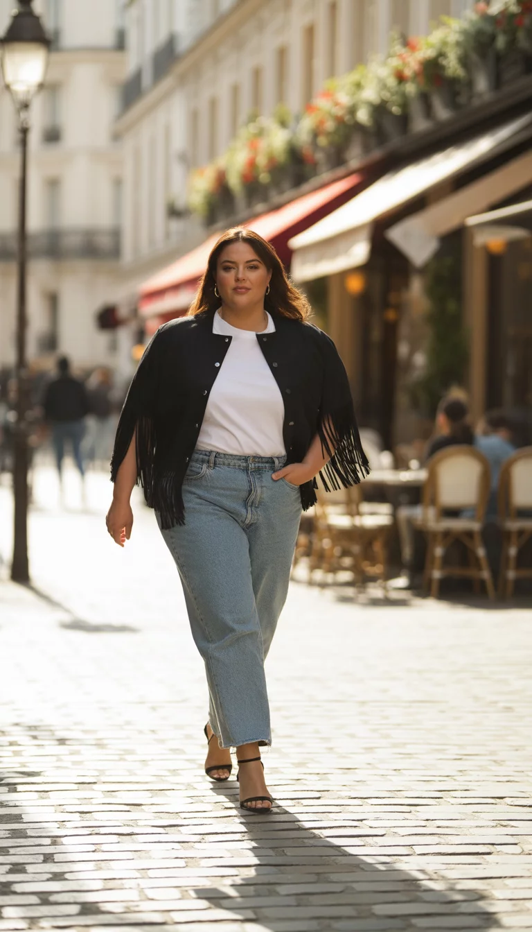 Fringed Jackets and Strappy Heels A beautiful 34-year-old plus size woman in a black fringed jacket, a white t-shirt, and light-wash boyfriend jeans, wearing black strappy heels and walking down a cobblestone street.